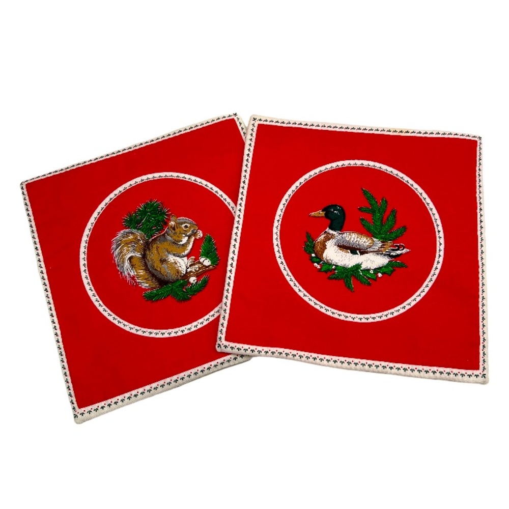 Vintage Holiday Wildlife Square Fabric Cloth Hot Pad Trivets Set Of Two